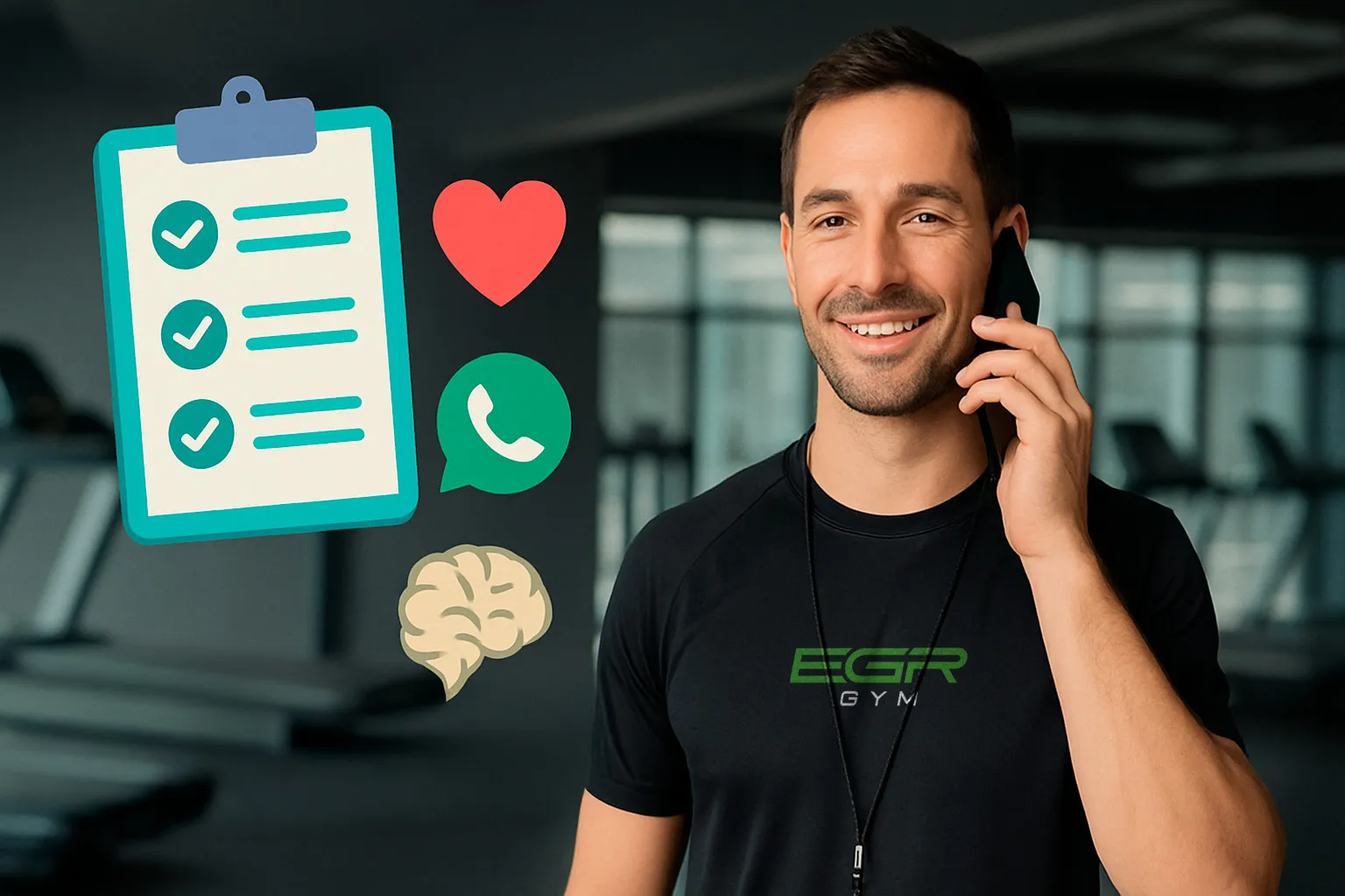 Especialista da EGR GYM ao telefone, com ícones de checklist, saúde e WhatsApp
